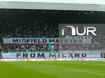 Newcastle United fans display a tifo for Newcastle United's Sandro Tonali during the Premier League match between Newcastle United and Totte...