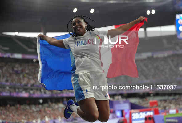 Gloria Agblemagnon of France celebrates winning silver in Women's Shot Put - F20 final during the Paris 2024 Paralympic Games at Stade de Fr...