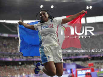 Gloria Agblemagnon of France celebrates winning silver in Women's Shot Put - F20 final during the Paris 2024 Paralympic Games at Stade de Fr...