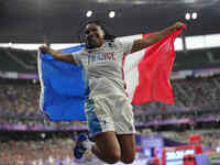 Gloria Agblemagnon of France celebrates winning silver in Women's Shot Put - F20 final during the Paris 2024 Paralympic Games at Stade de Fr...