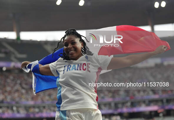 Gloria Agblemagnon of France celebrates winning silver in Women's Shot Put - F20 final during the Paris 2024 Paralympic Games at Stade de Fr...