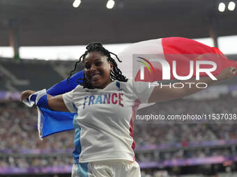 Gloria Agblemagnon of France celebrates winning silver in Women's Shot Put - F20 final during the Paris 2024 Paralympic Games at Stade de Fr...