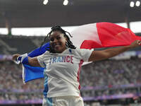 Gloria Agblemagnon of France celebrates winning silver in Women's Shot Put - F20 final during the Paris 2024 Paralympic Games at Stade de Fr...