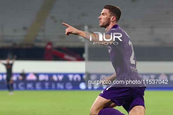 Robin Gosens of ACF Fiorentina celebrates after scoring his team's goal during the Italian Serie A football match between ACF Fiorentina and...