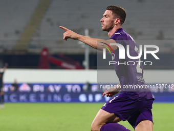 Robin Gosens of ACF Fiorentina celebrates after scoring his team's goal during the Italian Serie A football match between ACF Fiorentina and...