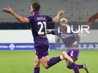 Robin Gosens of ACF Fiorentina celebrates after scoring his team's goal during the Italian Serie A football match between ACF Fiorentina and...