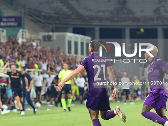 Robin Gosens of ACF Fiorentina celebrates after scoring his team's goal during the Italian Serie A football match between ACF Fiorentina and...