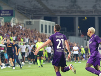 Robin Gosens of ACF Fiorentina celebrates after scoring his team's goal during the Italian Serie A football match between ACF Fiorentina and...