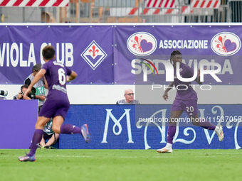 Moise Kean of ACF Fiorentina celebrates after scoring first goal during the Serie A Enilive match between ACF Fiorentina and AC Monza at Sta...