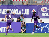 Moise Kean of ACF Fiorentina celebrates after scoring first goal during the Serie A Enilive match between ACF Fiorentina and AC Monza at Sta...