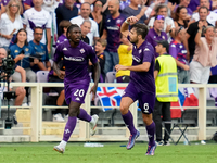 Moise Kean of ACF Fiorentina celebrates after scoring first goal during the Serie A Enilive match between ACF Fiorentina and AC Monza at Sta...