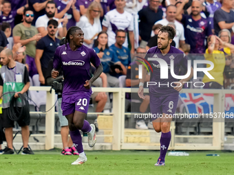 Moise Kean of ACF Fiorentina celebrates after scoring first goal during the Serie A Enilive match between ACF Fiorentina and AC Monza at Sta...