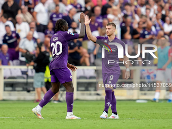 Moise Kean of ACF Fiorentina celebrates after scoring first goal during the Serie A Enilive match between ACF Fiorentina and AC Monza at Sta...