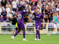 Moise Kean of ACF Fiorentina celebrates after scoring first goal during the Serie A Enilive match between ACF Fiorentina and AC Monza at Sta...