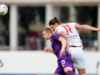 Milan Djuric of AC Monza and Pietro Comuzzo of ACF Fiorentina jump for the ball during the Serie A Enilive match between ACF Fiorentina and...