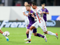 Lucas Beltran of ACF Fiorentina and Armando Izzo of AC Monza compete for the ball during the Serie A Enilive match between ACF Fiorentina an...