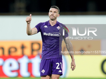 Robin Gosens of ACF Fiorentina gestures during the Serie A Enilive match between ACF Fiorentina and AC Monza at Stadio Artemio Franchi on Se...