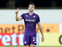 Robin Gosens of ACF Fiorentina gestures during the Serie A Enilive match between ACF Fiorentina and AC Monza at Stadio Artemio Franchi on Se...