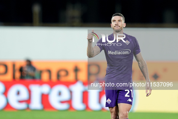 Robin Gosens of ACF Fiorentina gestures during the Serie A Enilive match between ACF Fiorentina and AC Monza at Stadio Artemio Franchi on Se...