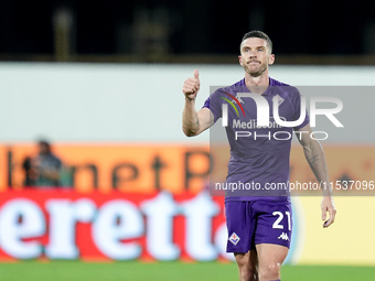 Robin Gosens of ACF Fiorentina gestures during the Serie A Enilive match between ACF Fiorentina and AC Monza at Stadio Artemio Franchi on Se...