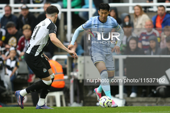 Tottenham Hotspur's Son Heung-Min takes on Newcastle United's Tino Livramento during the Premier League match between Newcastle United and T...