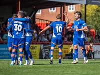 Oldham players celebrate after James Norwood's goal during the Vanarama National League match between Altrincham and Oldham Athletic at Moss...