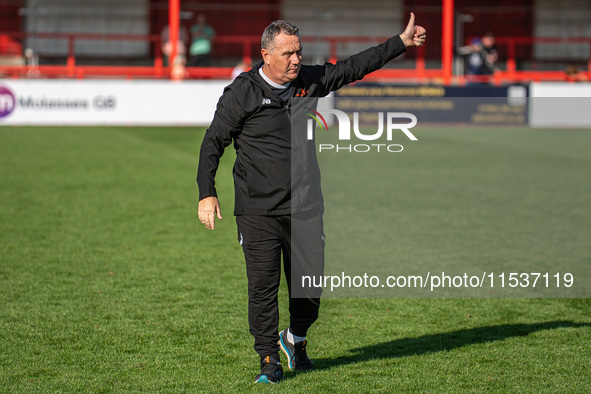 Oldham Athletic Manager Micky Mellon during the Vanarama National League match between Altrincham and Oldham Athletic at Moss Lane in Altrin...