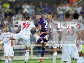 Robin Gosens of ACF Fiorentina scores second goal during the Serie A Enilive match between ACF Fiorentina and AC Monza at Stadio Artemio Fra...