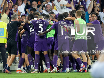 Robin Gosens of ACF Fiorentina celebrates after scoring second goal during the Serie A Enilive match between ACF Fiorentina and AC Monza at...