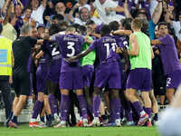 Robin Gosens of ACF Fiorentina celebrates after scoring second goal during the Serie A Enilive match between ACF Fiorentina and AC Monza at...