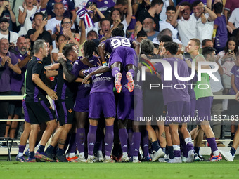 Robin Gosens of ACF Fiorentina celebrates after scoring second goal during the Serie A Enilive match between ACF Fiorentina and AC Monza at...