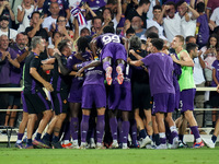 Robin Gosens of ACF Fiorentina celebrates after scoring second goal during the Serie A Enilive match between ACF Fiorentina and AC Monza at...