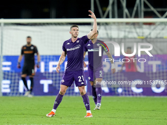 Robin Gosens of ACF Fiorentina celebrates after scoring second goal during the Serie A Enilive match between ACF Fiorentina and AC Monza at...