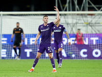 Robin Gosens of ACF Fiorentina celebrates after scoring second goal during the Serie A Enilive match between ACF Fiorentina and AC Monza at...