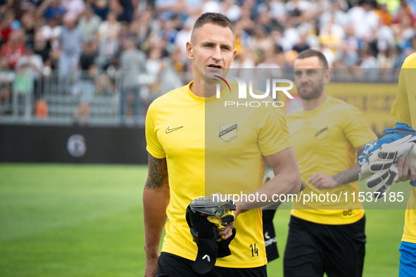 Michal Koj stands before the game between Wieczysta Krakow and Pogon Grodzisk Mazowiecki in Krakow, Poland, on September 1, 2024. Polish foo...