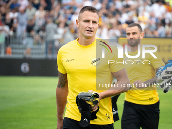 Michal Koj stands before the game between Wieczysta Krakow and Pogon Grodzisk Mazowiecki in Krakow, Poland, on September 1, 2024. Polish foo...