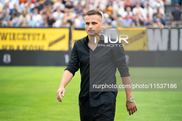 Wieczysta coach Slawomir Peszko during the game between Wieczysta Krakow and Pogon Grodzisk Mazowiecki in Krakow, Poland, on September 1, 20...