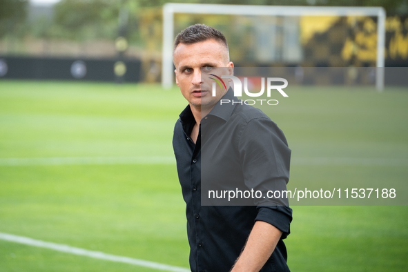 Wieczysta coach Slawomir Peszko during the game between Wieczysta Krakow and Pogon Grodzisk Mazowiecki in Krakow, Poland, on September 1, 20...