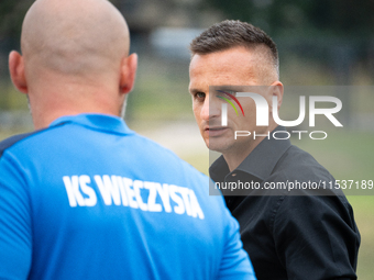 Wieczysta coach Slawomir Peszko during the game between Wieczysta Krakow and Pogon Grodzisk Mazowiecki in Krakow, Poland, on September 1, 20...