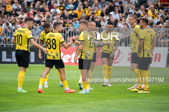 Wieczysta players during the game between Wieczysta Krakow and Pogon Grodzisk Mazowiecki in Krakow, Poland, on September 1, 2024. Polish foo...