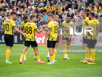 Wieczysta players during the game between Wieczysta Krakow and Pogon Grodzisk Mazowiecki in Krakow, Poland, on September 1, 2024. Polish foo...