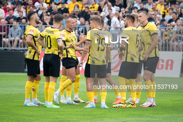 Wieczysta players during the game between Wieczysta Krakow and Pogon Grodzisk Mazowiecki in Krakow, Poland, on September 1, 2024. Polish foo...