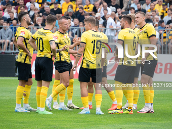 Wieczysta players during the game between Wieczysta Krakow and Pogon Grodzisk Mazowiecki in Krakow, Poland, on September 1, 2024. Polish foo...