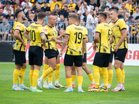 Wieczysta players during the game between Wieczysta Krakow and Pogon Grodzisk Mazowiecki in Krakow, Poland, on September 1, 2024. Polish foo...