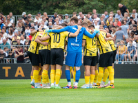 Wieczysta players huddle before the game between Wieczysta Krakow and Pogon Grodzisk Mazowiecki in Krakow, Poland, on September 1, 2024. Pol...