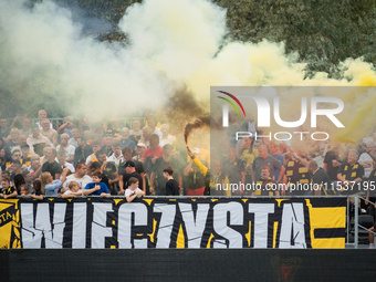 Wieczysta fans during the game between Wieczysta Krakow and Pogon Grodzisk Mazowiecki in Krakow, Poland, on September 1, 2024. Team supporte...