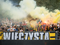 Wieczysta fans during the game between Wieczysta Krakow and Pogon Grodzisk Mazowiecki in Krakow, Poland, on September 1, 2024. Team supporte...