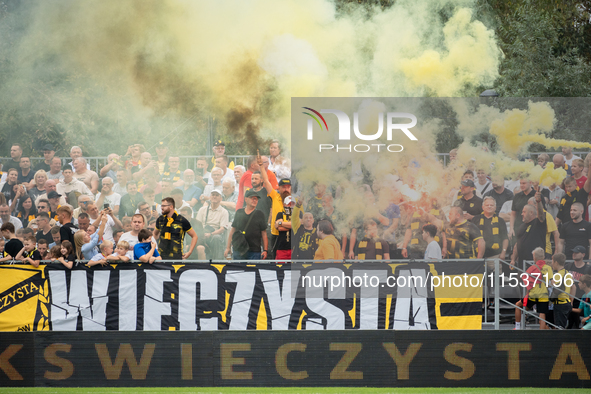 Wieczysta fans during the game between Wieczysta Krakow and Pogon Grodzisk Mazowiecki in Krakow, Poland, on September 1, 2024. Team supporte...