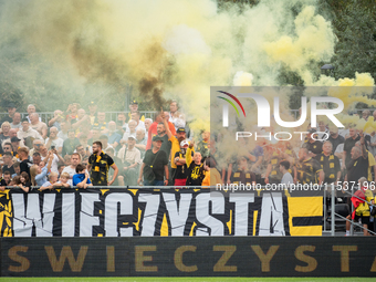 Wieczysta fans during the game between Wieczysta Krakow and Pogon Grodzisk Mazowiecki in Krakow, Poland, on September 1, 2024. Team supporte...