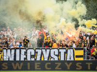 Wieczysta fans during the game between Wieczysta Krakow and Pogon Grodzisk Mazowiecki in Krakow, Poland, on September 1, 2024. Team supporte...